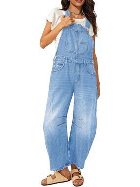 Women's Light Blue Barrel Overalls Denim Jumpsuits Loose Casual Jeans Bib Romper